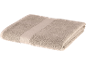 Folded beige bath towel with a decorative striped band.