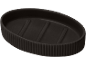 Black oval soap dish with a ribbed edge and drainage grooves.