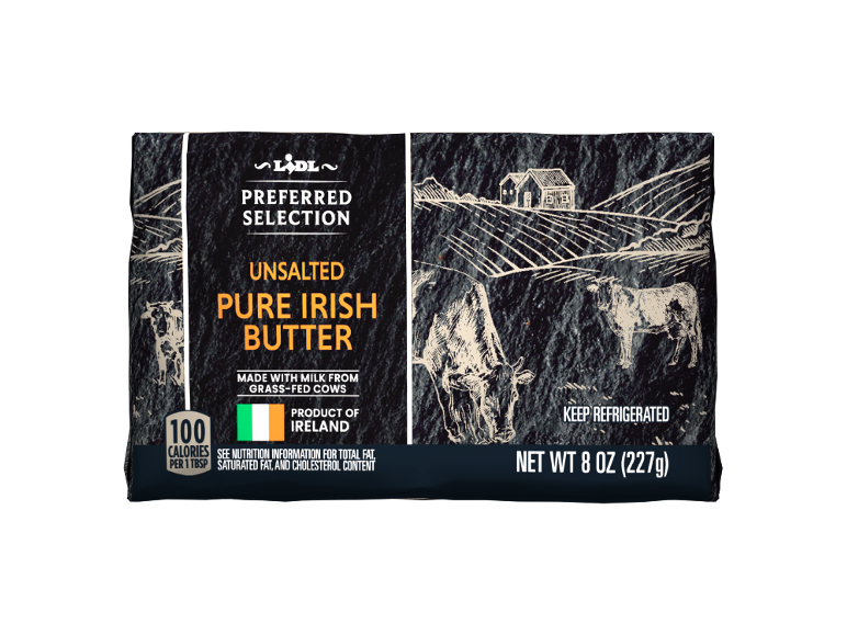 Lidl Preferred Selection unsalted Irish butter, made with milk from grass-fed cows, 100 calories per tbsp.