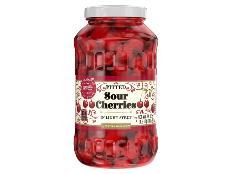 Jar of pitted sour cherries in light syrup, 24 oz (680g), imported from Europe.