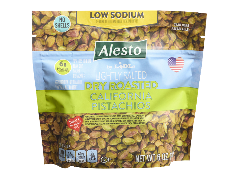 Lightly salted, dry roasted California pistachios, no shells, low sodium.