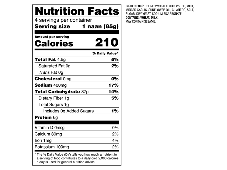 Naan bread nutrition facts label with ingredients and allergens.
