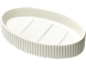 White ceramic oval soap dish with ribbed sides and drainage grooves.