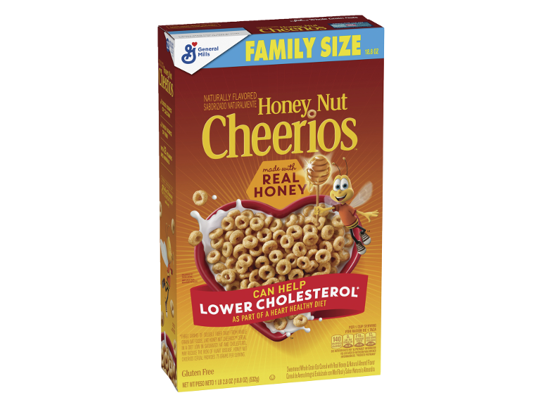 Family size honey nut cereal box, with a bowl of cereal and a bee.