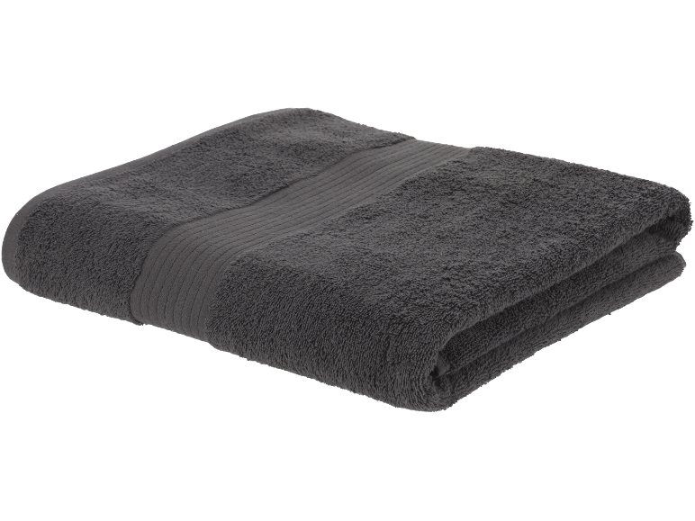 Folded dark grey terry towel with a decorative stripe.