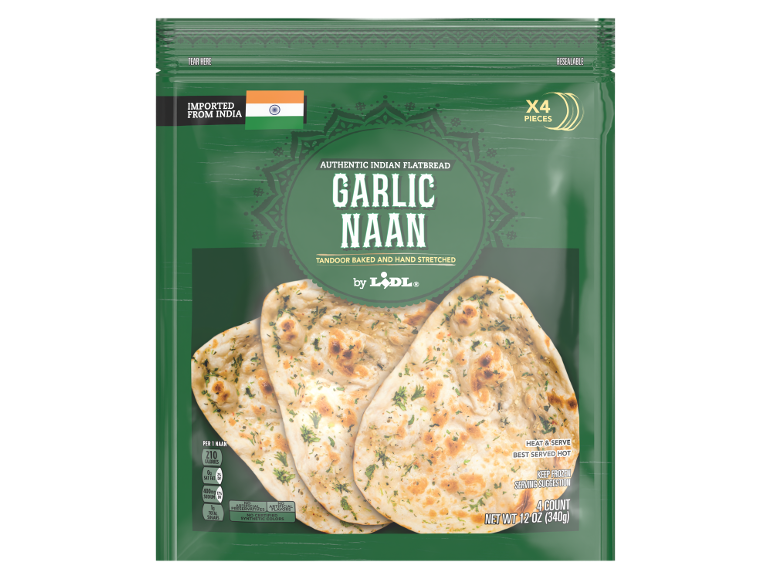 Authentic Indian garlic naan flatbread, tandoor baked and hand stretched, 4 pieces.