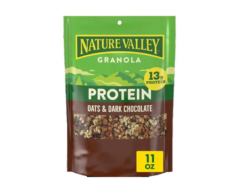 Bag of oats and dark chocolate granola with 13g protein, 11 oz.