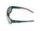Green and red sports sunglasses with grey lenses, top view.