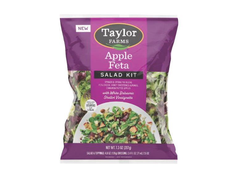 Apple Feta Salad Kit with spinach, spring mix, cheese, almonds, apples, and white balsamic shallot vinaigrette.