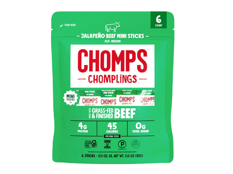 Pack of 6 jalapeño beef mini sticks, gluten-free, with 4g protein and 45 calories per stick.
