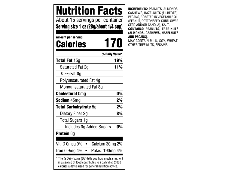 Nutrition facts label for a nut mix, detailing ingredients and allergens.