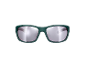Dark green sunglasses with silver mirrored lenses on a black background.