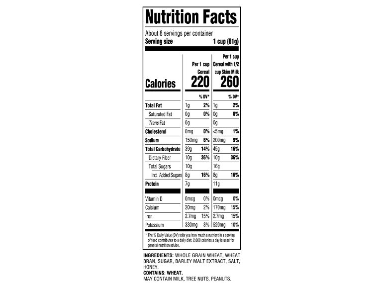 Nutrition facts for cereal, detailing calories, fats, carbohydrates, and vitamins.