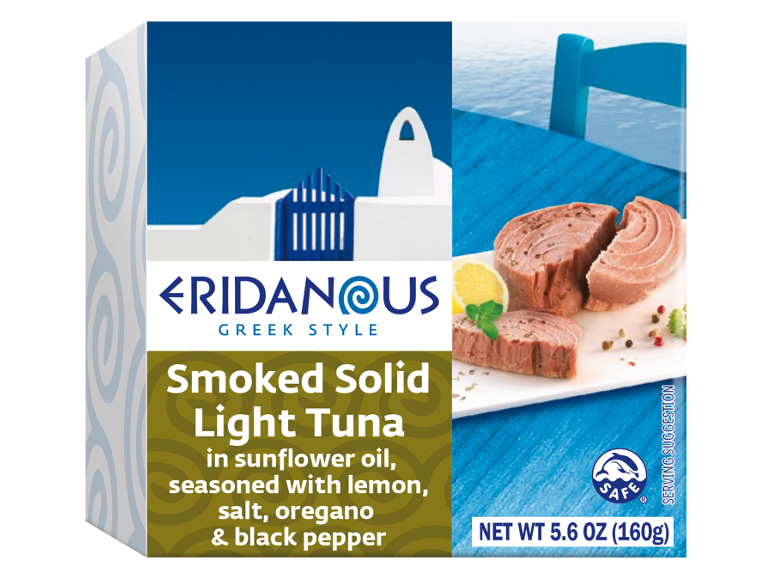 Box of smoked tuna in sunflower oil, lemon, salt, oregano, and black pepper.