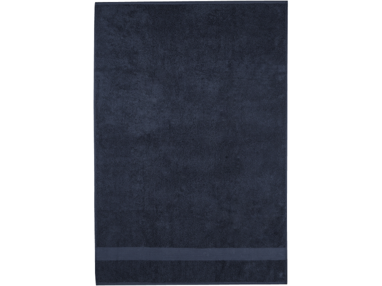 Dark blue bath towel with a decorative border.