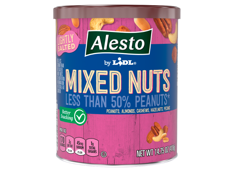Alesto mixed nuts, lightly salted, with less than 50% peanuts, in a can.