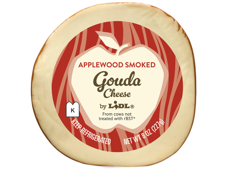 Applewood smoked Gouda cheese, 227g, with a red label and apple design.
