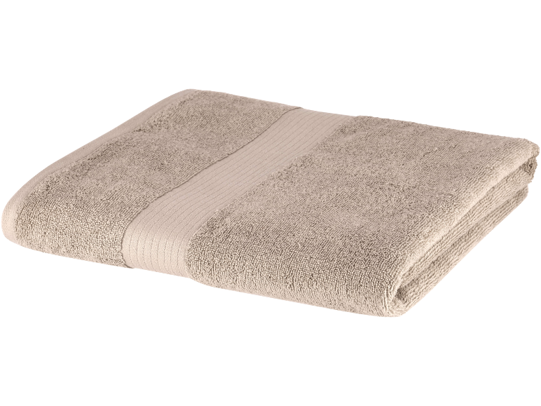 Folded beige bath towel with a decorative striped band.