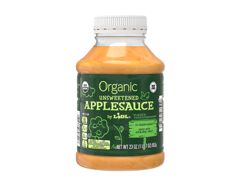 Organic unsweetened applesauce, made with 100% real fruit, with no added sugar.
