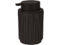 Black soap dispenser with a ribbed texture.