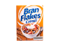 Bran flakes breakfast cereal box with berries and milk in bowl, with wheat ears