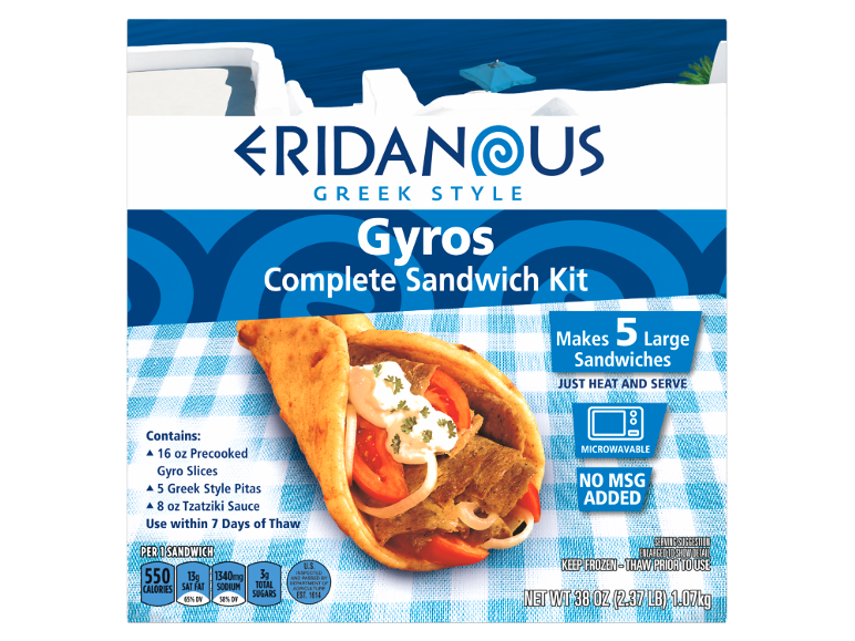 Complete Greek-style gyros sandwich kit with 5 large sandwiches, containing meat, pitas, and tzatziki sauce.