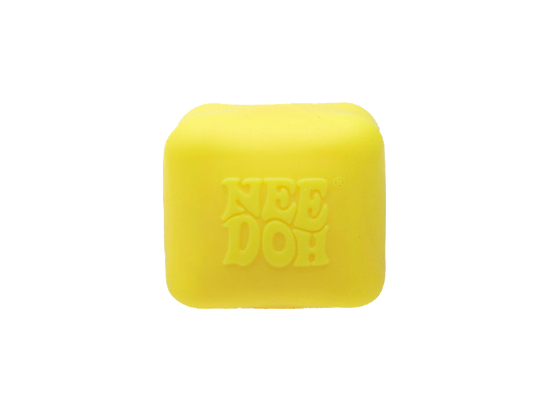 Yellow stress relief cube with the text “NEE DOH”.
