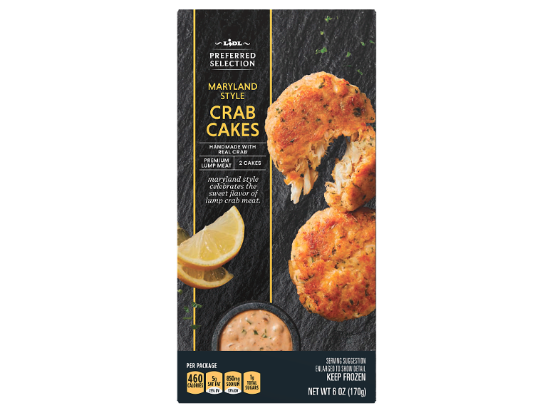 Maryland style crab cakes with premium lump crab meat and lemon wedges.