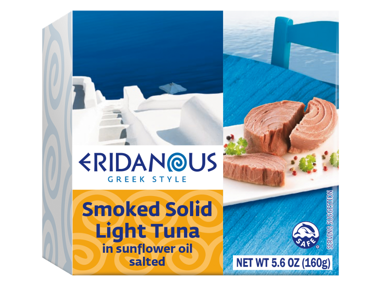 Smoked Solid Light Tuna in sunflower oil, Greek style packaging with blue and white scenery.