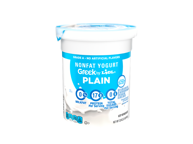 White Greek yogurt container with 'Nonfat Yogurt Greek Plain' text and nutritional information.