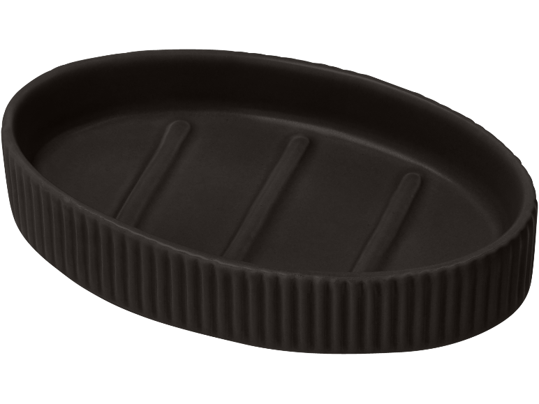 Black oval soap dish with a ribbed edge and drainage grooves.