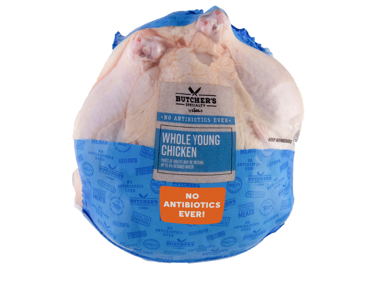 Packaged whole young chicken with the label 'No antibiotics ever'.