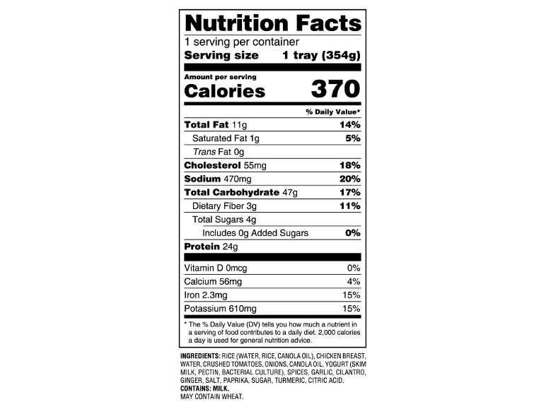Nutrition facts label for a prepared meal with 370 calories, 24g protein, and 47g carbohydrates.