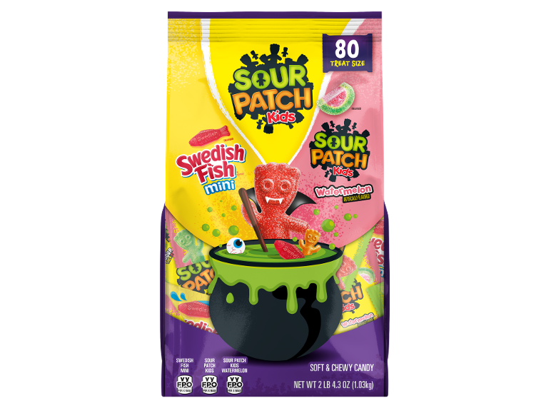 Bag of soft and chewy candy with 80 pieces of gummy fish and watermelon gummies.