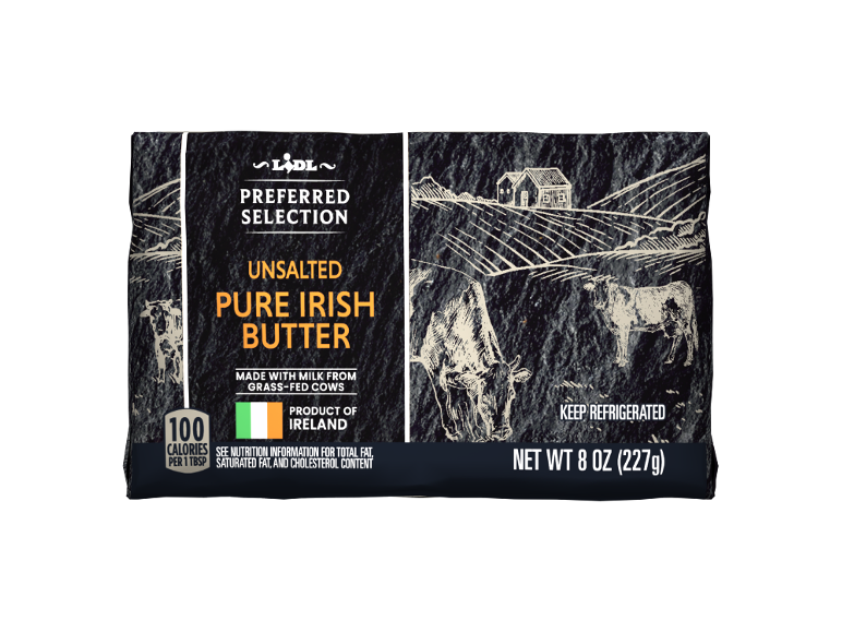 Unsalted pure Irish butter, made with milk from grass-fed cows, with 100 calories per tablespoon.