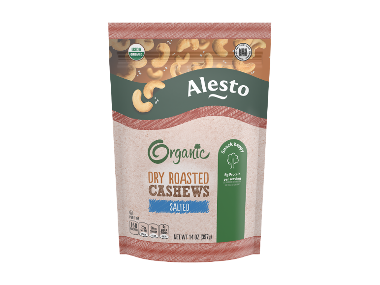 A bag of organic dry roasted salted cashews, 397g