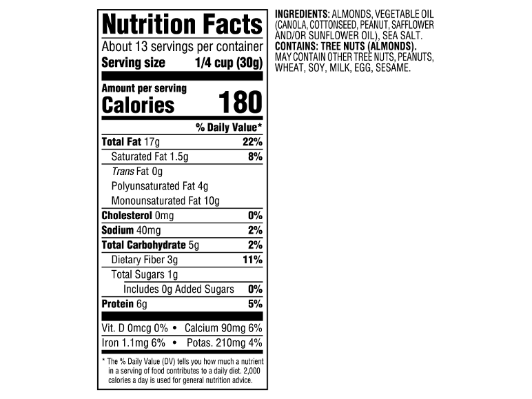 Nutrition facts label for almonds, detailing calories, fats, carbs, protein, and vitamins.