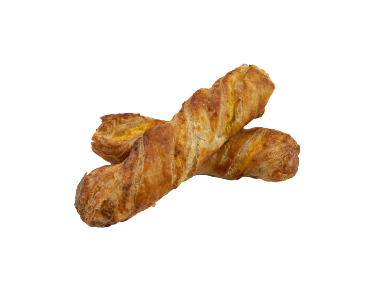 Two golden-brown, crispy puff pastry sticks with filling, crossed on a black background.