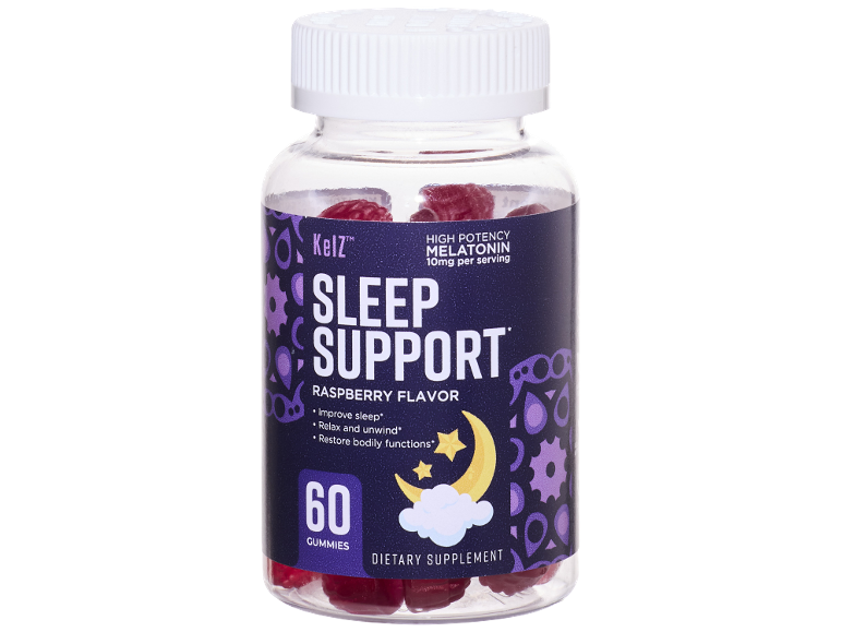 Sleep support gummies, raspberry flavor, 10mg melatonin per serving, 60 gummies.