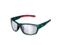 Green safety glasses with red accents and mirrored lenses.