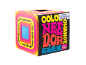 Colorful cube that changes color with a squeeze, with a choking hazard warning.