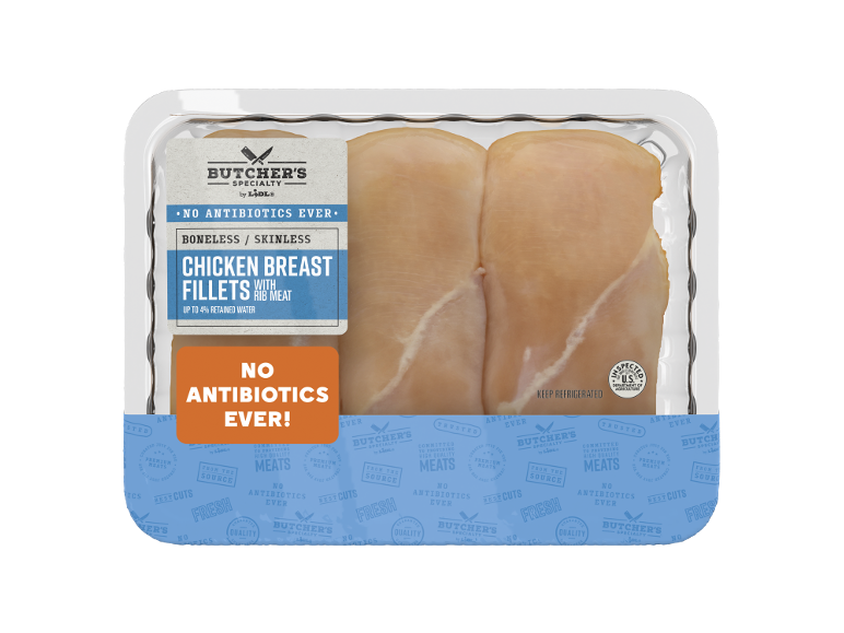 Packaged boneless, skinless chicken breast fillets with 'No Antibiotics Ever' label.