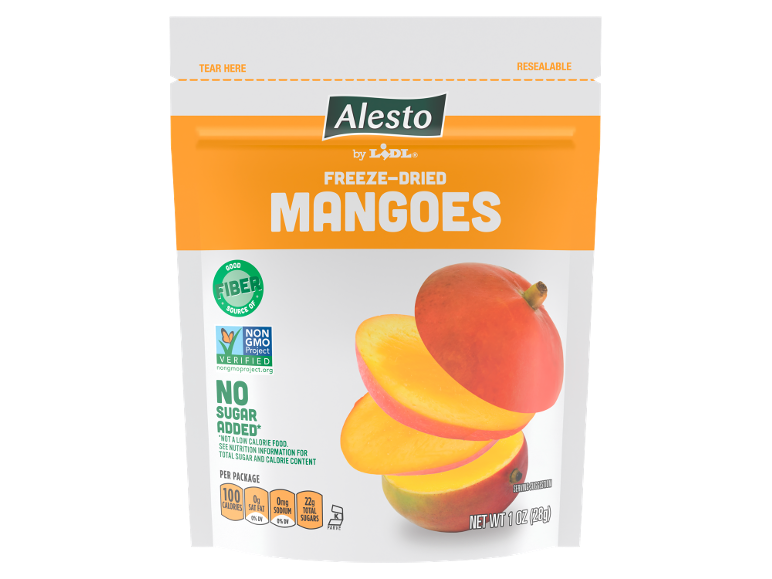 Freeze-dried mangoes with 100 calories per package and no added sugar.