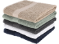 Stack of folded towels in beige, green, grey, white, and dark blue.