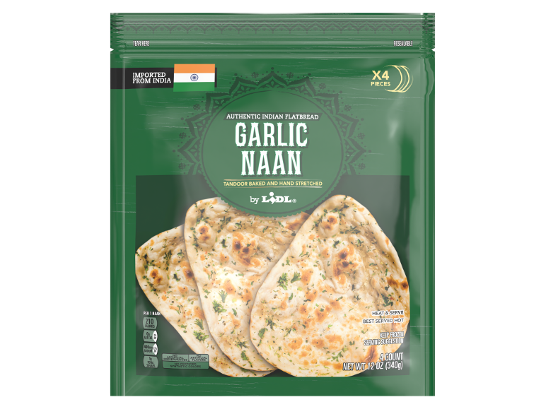 Authentic Indian garlic naan flatbread, tandoor baked and hand stretched, 4 pieces.