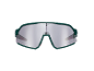 Green sports glasses with mirrored lenses on a black background.