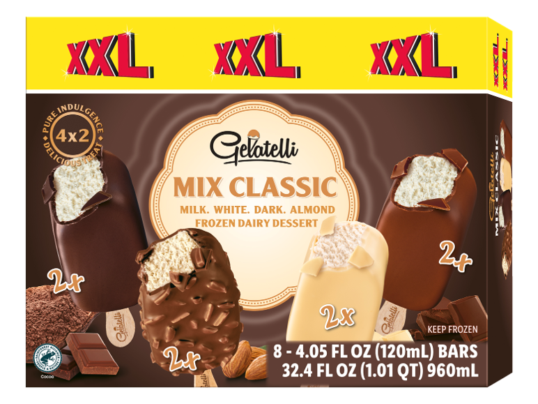 XXL ice cream bars in milk, white, dark, and almond flavors, 8 bars total.