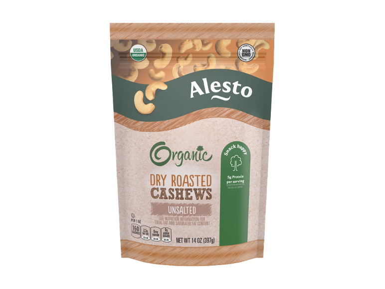 A package of organic dry roasted unsalted cashews, 14 oz