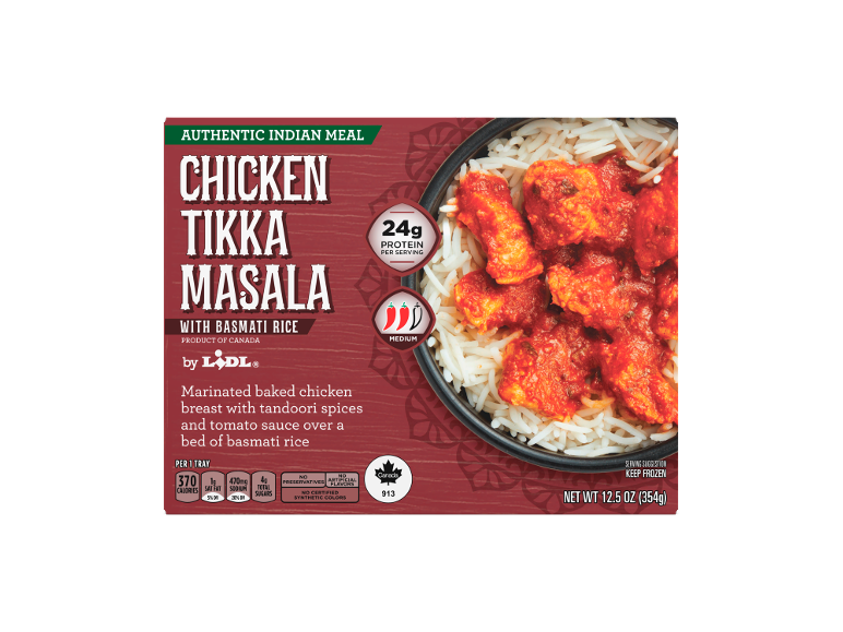 Chicken Tikka Masala with basmati rice, 24g protein per serving, medium spice.