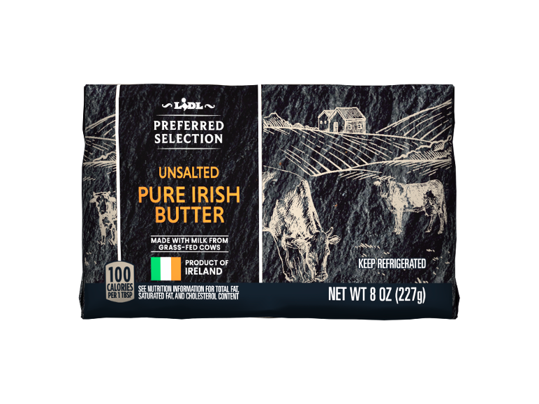 Lidl Preferred Selection unsalted Irish butter, made with milk from grass-fed cows, 100 calories per tbsp.
